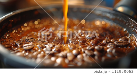 AI-generated content. Close-up of espresso pouring from coffee machine. Professional coffee brewing. AI-generated content. Close-up of espresso pouring from coffee machine. Professional coffee brewing. 111930062