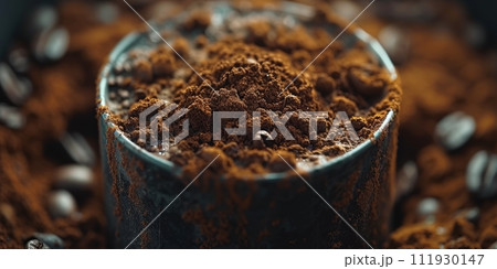 AI-generated content. Roasted coffee beans and ground coffee on dark background. Copy space 111930147