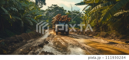 AI-generated content. Timber truck carrying firewood in the jungle. Splashes, dirt, branches, stones. Off-road. Generative ai. Jungle. Heat AI-generated content. Timber truck carrying firewood in the jungle. Splashes, dirt, branches, stones. Off-road. Generative ai. Jungle. Heat 111930284