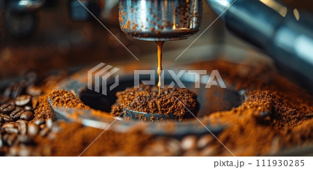 AI-generated content. Roasted coffee beans and ground coffee on dark background. Copy space AI-generated content. Roasted coffee beans and ground coffee on dark background. Copy space 111930285
