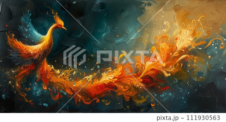 AI-generated content. Great Chinese paint wall of Phoenix art paint. Chinese wall paper. AI-generated content. Great Chinese paint wall of Phoenix art paint. Chinese wall paper. 111930563