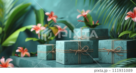 AI-generated content. Original packaging mockup for product with prop and lighting background. 111931089