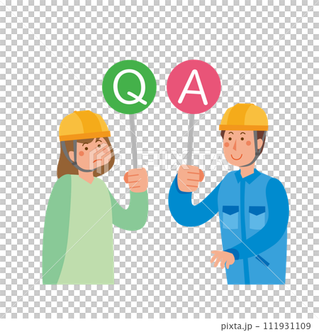 A woman asking a question and a male worker answering A woman asking a question and a male worker answering 111931109