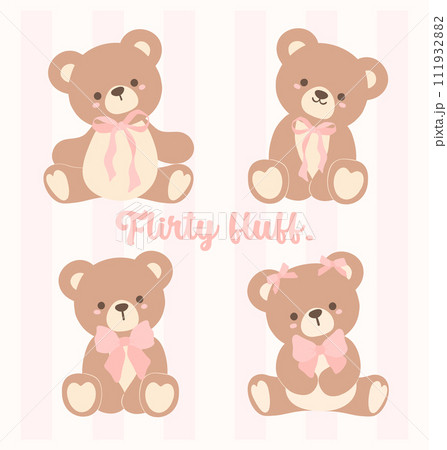 Set of cute Coquette Teddy Bear with Pink Ribbon Bow, Adorable Illustration Set of cute Coquette Teddy Bear with Pink Ribbon Bow, Adorable Illustration 111932882