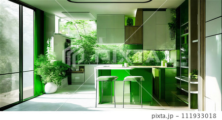 自然と調和したアパートの明るいキッチン AI生成画像 自然と調和したアパートの明るいキッチン AI生成画像 111933018