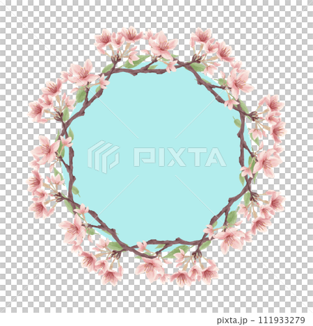 Light blue leaf cherry blossom round vector frame 01 (watercolor style) 111933279