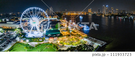 Aerial view of Asiatique The Riverfront open night market at the Chao Phraya river in Bangkok Aerial view of Asiatique The Riverfront open night market at the Chao Phraya river in Bangkok 111933723