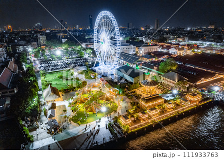 Aerial view of Asiatique The Riverfront open night market at the Chao Phraya river in Bangkok Aerial view of Asiatique The Riverfront open night market at the Chao Phraya river in Bangkok 111933763
