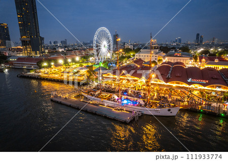 Aerial view of Asiatique The Riverfront open night market at the Chao Phraya river in Bangkok Aerial view of Asiatique The Riverfront open night market at the Chao Phraya river in Bangkok 111933774