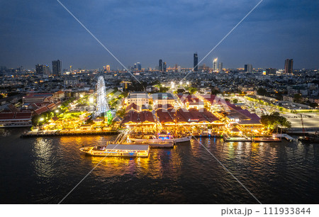Aerial view of Asiatique The Riverfront open night market at the Chao Phraya river in Bangkok Aerial view of Asiatique The Riverfront open night market at the Chao Phraya river in Bangkok 111933844