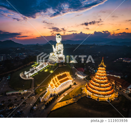 Aerial view of Wat Huay Pla Kang: Goddess of Mercy, in Chiang Rai, Thailand 111933936