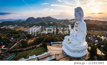 Aerial view of Wat Huay Pla Kang: Goddess of Mercy, in Chiang Rai, Thailand 111933945