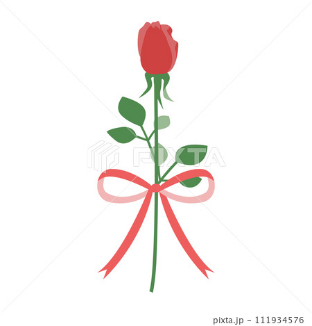 一輪の薔薇とリボンのセットイラスト、蕾のばら、ベクター 111934576