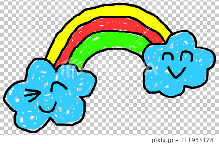 子供が描いた可愛い雲とカラフルな虹のイラストのイラスト素材 