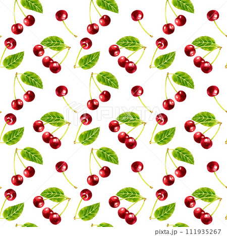 アメリカンチェリー（さくらんぼ）のパターン　手描き水彩イラストの果物柄 111935267