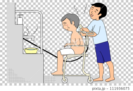 一名男性護理人員正在為坐在淋浴架上的老人洗澡 111936075