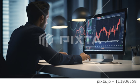 stock trading graph over the screen of computer at the office desk, businessman, trading graph, concept 111936559