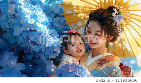 アジサイとママと子どもの愛_wide 111936666