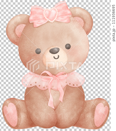 Adorable Coquette Teddy Bear with pink ribbon bow Watercolor Illustration 111936695