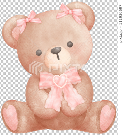Adorable Coquette Teddy Bear with pink ribbon bow Watercolor Illustration 111936697