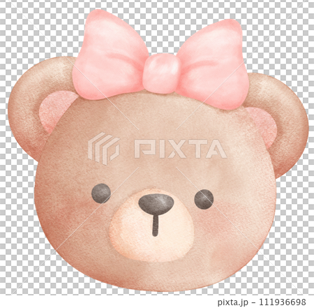 Adorable Coquette Teddy Bear with pink ribbon bow Watercolor Illustration 111936698