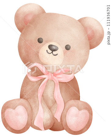 Adorable Coquette Teddy Bear with pink ribbon bow Watercolor Illustration 111936701
