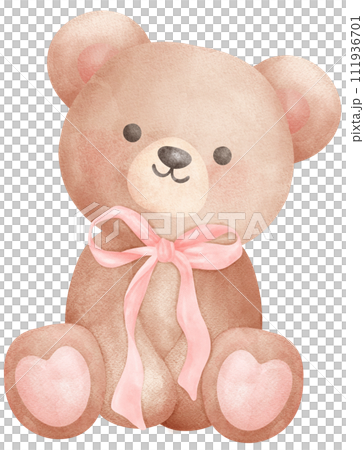 Adorable Coquette Teddy Bear with pink ribbon bow Watercolor Illustration 111936701