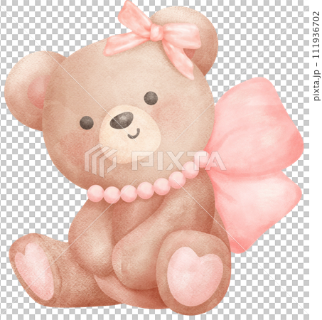 Adorable Coquette Teddy Bear with pink ribbon bow Watercolor Illustration Adorable Coquette Teddy Bear with pink ribbon bow Watercolor Illustration 111936702