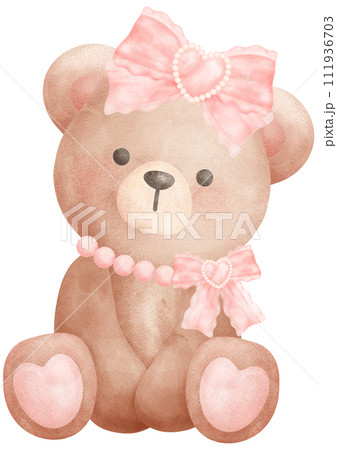 Adorable Coquette Teddy Bear with pink ribbon bow Watercolor Illustration Adorable Coquette Teddy Bear with pink ribbon bow Watercolor Illustration 111936703