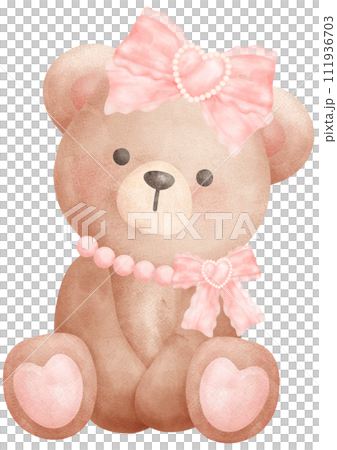 Adorable Coquette Teddy Bear with pink ribbon bow Watercolor Illustration Adorable Coquette Teddy Bear with pink ribbon bow Watercolor Illustration 111936703