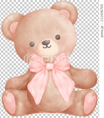 Adorable Coquette Teddy Bear with pink ribbon bow Watercolor Illustration 111936705
