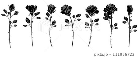 一輪の薔薇のシルエットセット、バリエーション素材、アイコン、ベクター 111936722