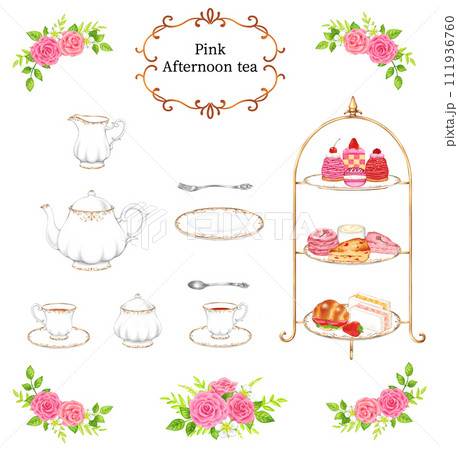 ピンク系のアフタヌーンティーのセット 111936760