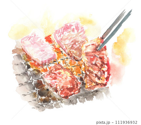 水彩で描いた焼肉のイラスト 111936932