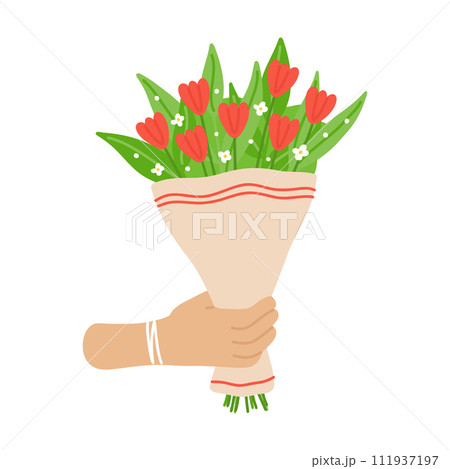 Hand icon holding bouquet with tulips. Hand drawn flat cartoon element. Vector illustration Hand icon holding bouquet with tulips. Hand drawn flat cartoon element. Vector illustration 111937197
