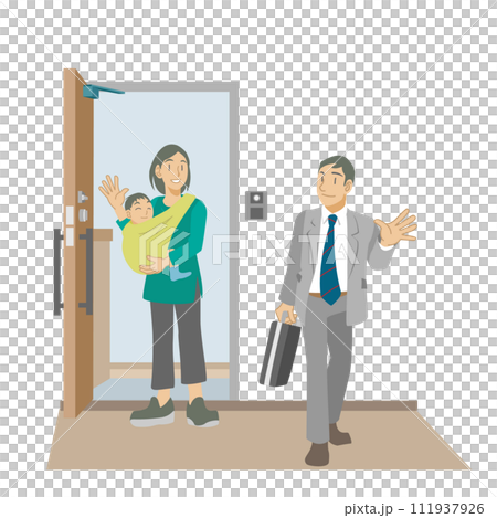 媽媽抱著寶寶在門口送別上班的爸爸插畫 媽媽抱著寶寶在門口送別上班的爸爸插畫 111937926