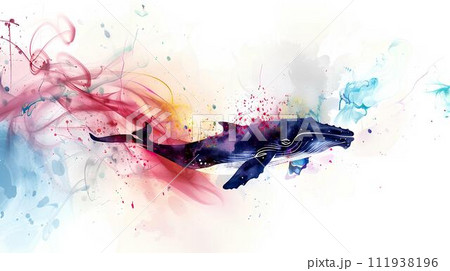 Humpback whale with colorful watercolor paint splashes. 3d rendering Humpback whale with colorful watercolor paint splashes. 3d rendering 111938196