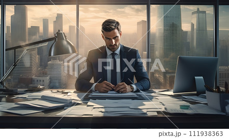 A successful businessman working hard at his desk in his office. 111938363