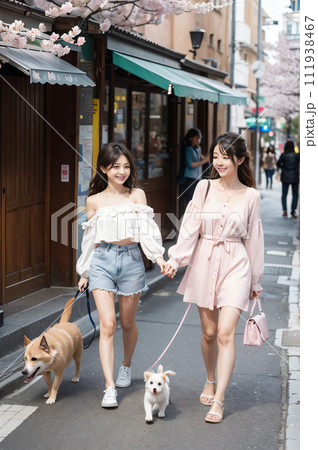 犬と散歩を楽しむ若い女性　AIグラビア　AI写真　AI画像 111938467