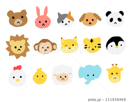 子どもがクレヨンで描いたようないろいろな動物の顔の手書き風イラストセット 子どもがクレヨンで描いたようないろいろな動物の顔の手書き風イラストセット 111938469