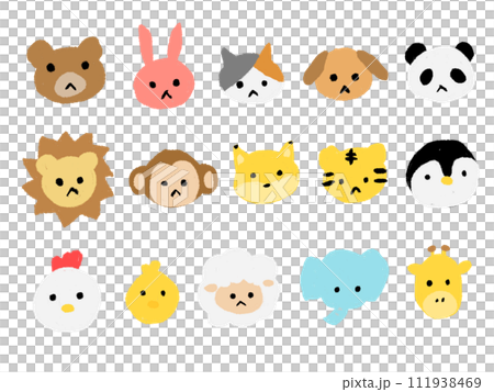 子どもがクレヨンで描いたようないろいろな動物の顔の手書き風イラストセット 子どもがクレヨンで描いたようないろいろな動物の顔の手書き風イラストセット 111938469