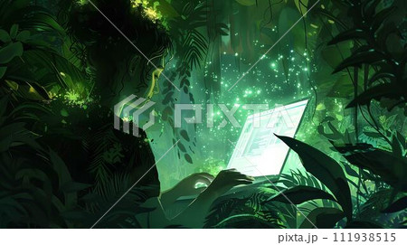 view of hands typing on laptop keyboard with green plant tropical leaves and bokeh light background view of hands typing on laptop keyboard with green plant tropical leaves and bokeh light background 111938515