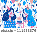AI-generated content. Two happy girls celebrating and partying with balloons and birthday, cake. Retro linography style of illustration 111938876