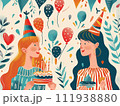 AI-generated content. Two happy girls celebrating and partying with balloons and birthday, cake. Retro linography style of illustration 111938880