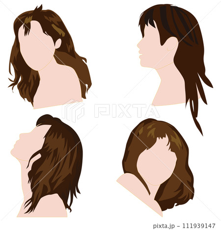 女性の髪型を単純化ブロック化して少ない色で塗り分けて表現した顔なし頭部のイラストセット17。 女性の髪型を単純化ブロック化して少ない色で塗り分けて表現した顔なし頭部のイラストセット17。 111939147