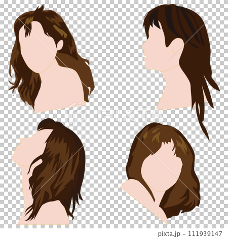 Illustration set 17 of a faceless head that depicts a woman's hairstyle simplified and divided into blocks with fewer colors. Illustration set 17 of a faceless head that depicts a woman's hairstyle simplified and divided into blocks with fewer colors. 111939147
