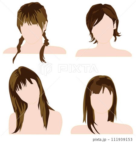 女性の髪型を単純化ブロック化して少ない色で塗り分けて表現した顔なし頭部のイラストセット07。 女性の髪型を単純化ブロック化して少ない色で塗り分けて表現した顔なし頭部のイラストセット07。 111939153