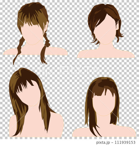 女性の髪型を単純化ブロック化して少ない色で塗り分けて表現した顔なし頭部のイラストセット07。 女性の髪型を単純化ブロック化して少ない色で塗り分けて表現した顔なし頭部のイラストセット07。 111939153
