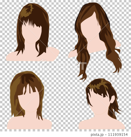 Illustration set 05 of a faceless head that depicts a woman's hairstyle as simplified blocks and painted with fewer colors. 111939154