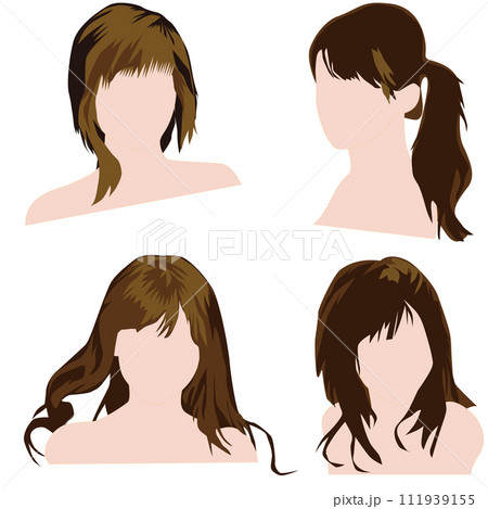 女性の髪型を単純化ブロック化して少ない色で塗り分けて表現した顔なし頭部のイラストセット04。 111939155